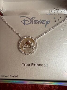 Disney True Princess Silver-Tone Crown Disc Necklace with Crystal Halo
